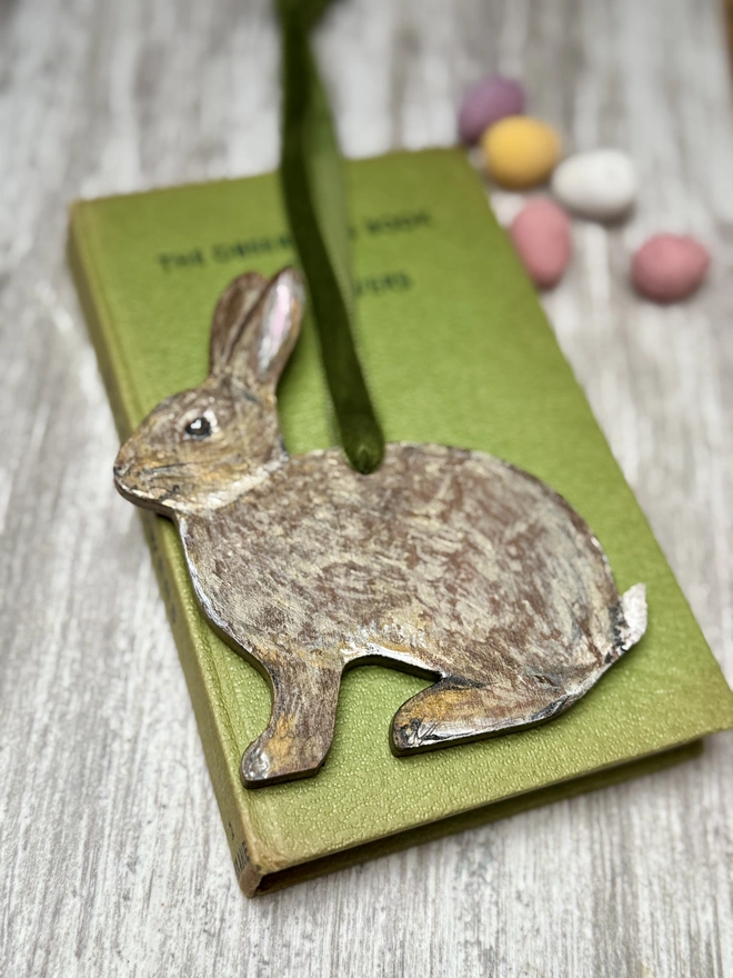 Easter Bunny wooden decoration with sage green velvet ribbon to hang