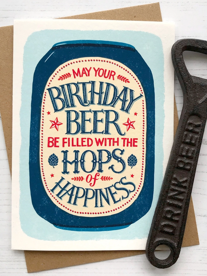 illustrated beer birthday card with hand lettered beer hops quote with bottle opener