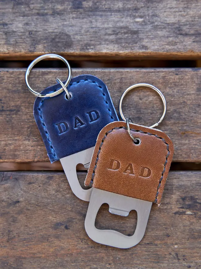 Handmade Leather Personalised Bottle Opener Key Ring- 'DAD' in Navy and Brown 