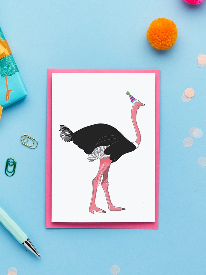 Bright Birthday Card Featuring a Hand Drawn Ostrich