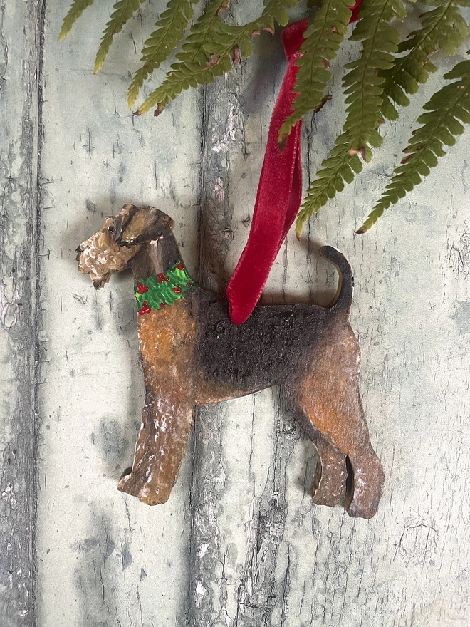 Airedale Terrier Handpainted Dog Christmas decoration with red ribbon to hang 