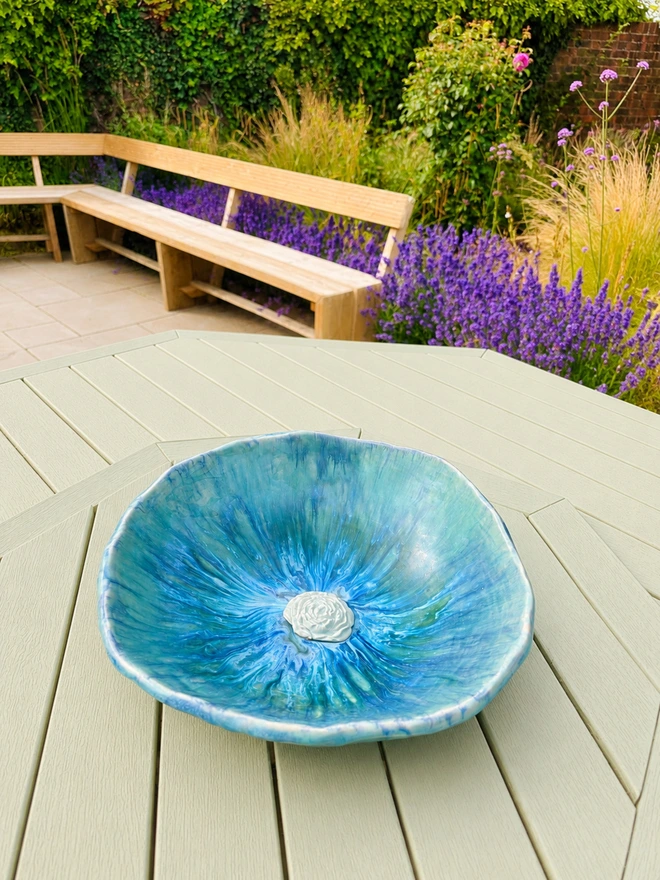ceramic bird bath in blue glaze, jenny hopps pottery