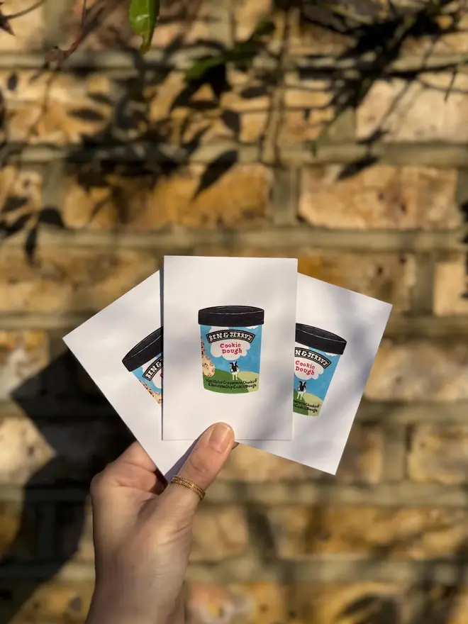 cookie dough ice cream mini cards (pack of 3). cards photographed against brick wall backdrop.