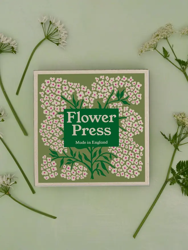 forget me not flower press, sitting on a green surface, showing the front/cover of the press- a white and green floral design
