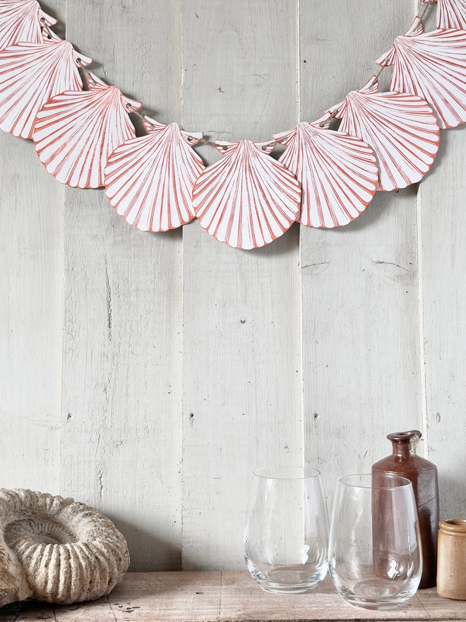 Orange Shell Linocut Garland.Hand Printed Seaside Shapes