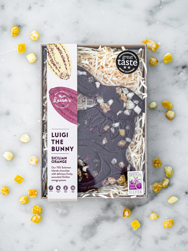 Sicilian Orange Vegan Chocolate Luigi Bunny in a closed packaging box with orange pieces scattered