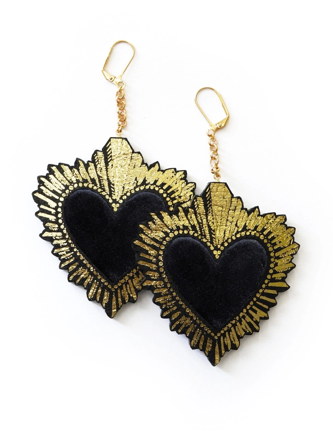 large gold & black sacred heart earrings