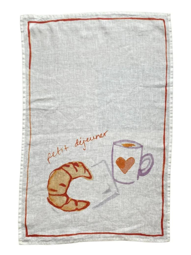 croissant and coffee print linen tea towel