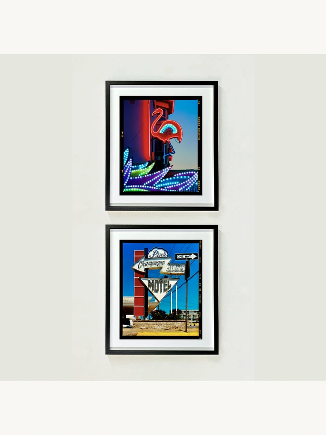 Neon Flamingo Richard Heeps colour print framed in black paired with Pink Champagne Motel