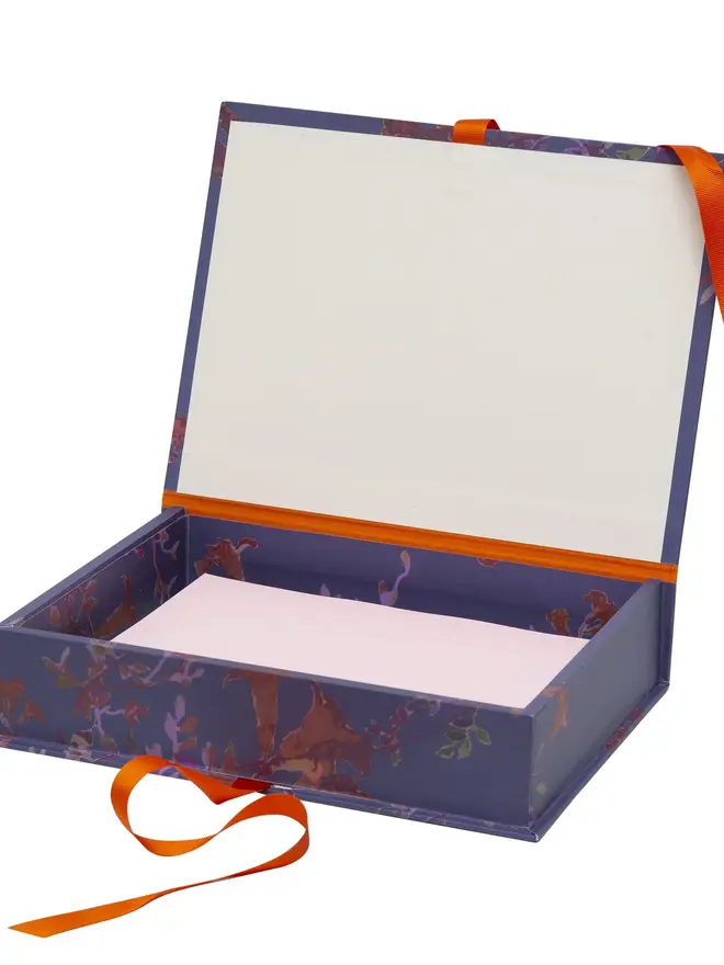 Lidded Portfolio Box, a colourful portfolio box sitting on a plain surface. 