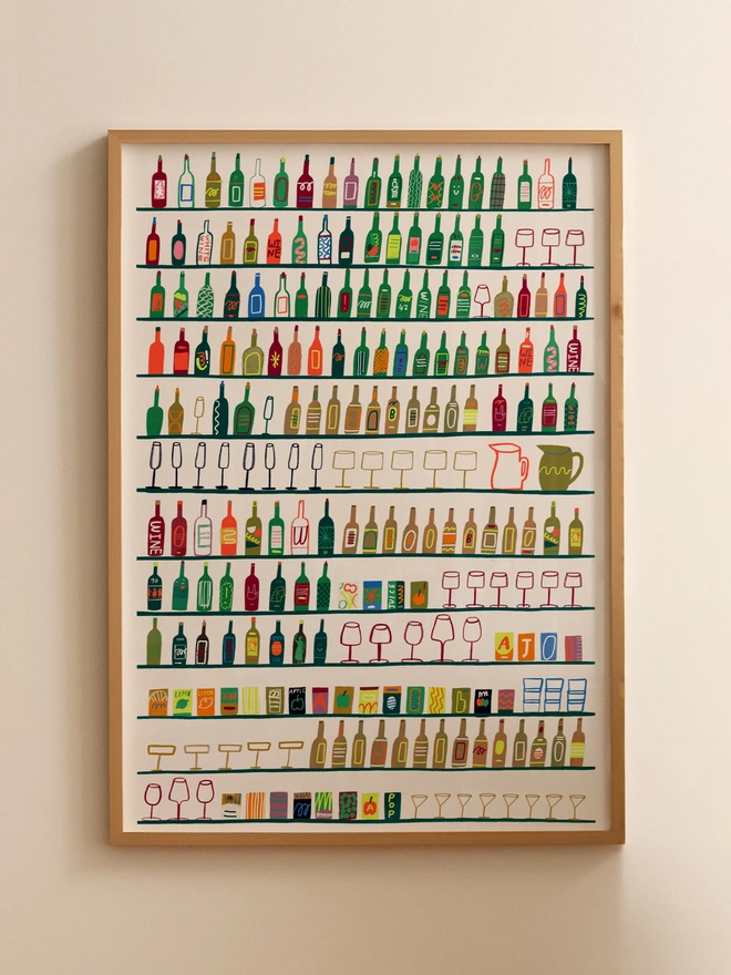 illustrated contemporary print featuring vibrant rows of drinks, bottles, wine & glasses. print shown framed against a cream wall.