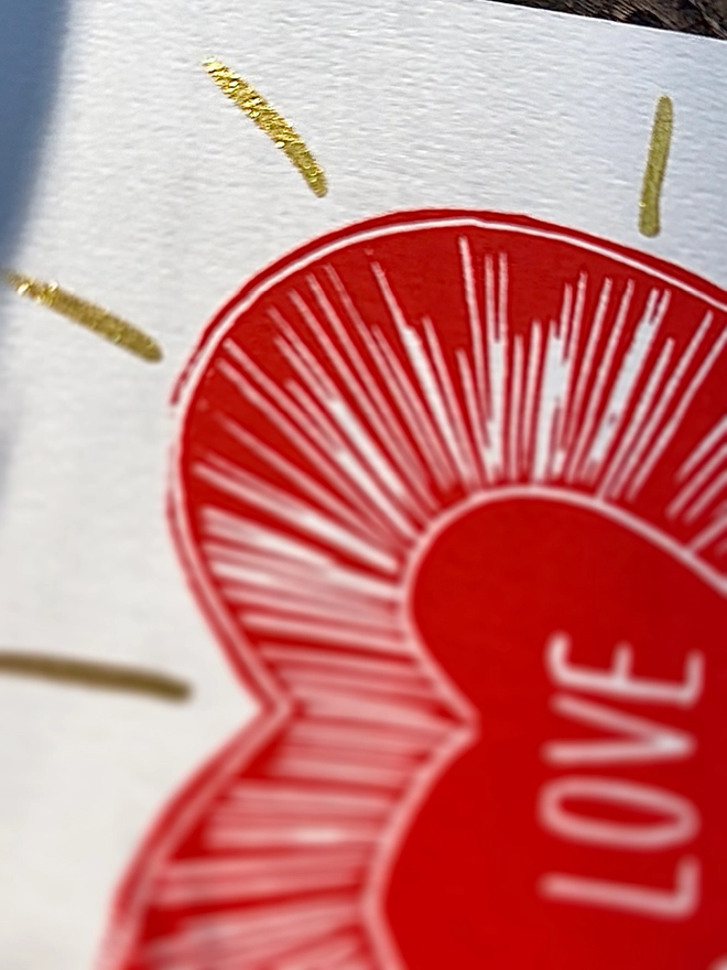 Love Heart Valentines Card A Hand Printed Linocut With Gold 