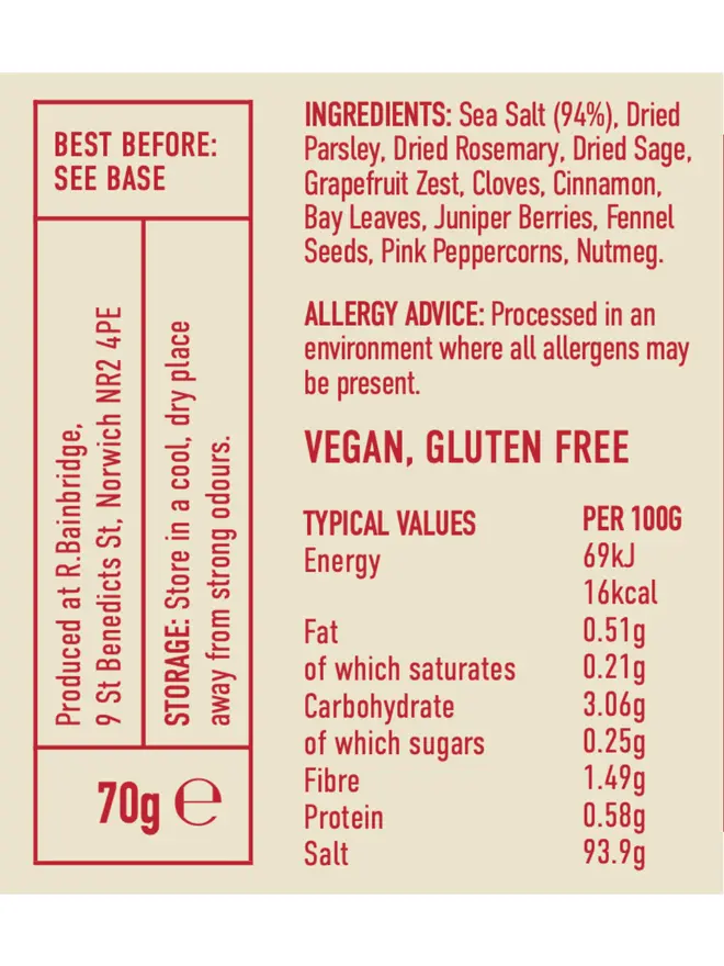 Festive Salt, the nutritional information of the salt. 