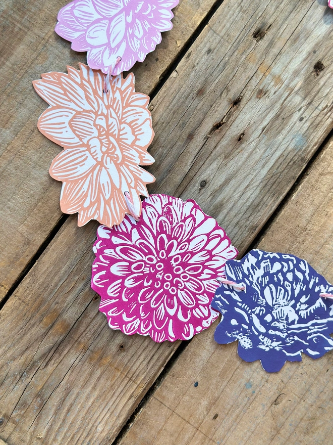 'Power Flower' Garland Hand Printed Linocut Spring Decor