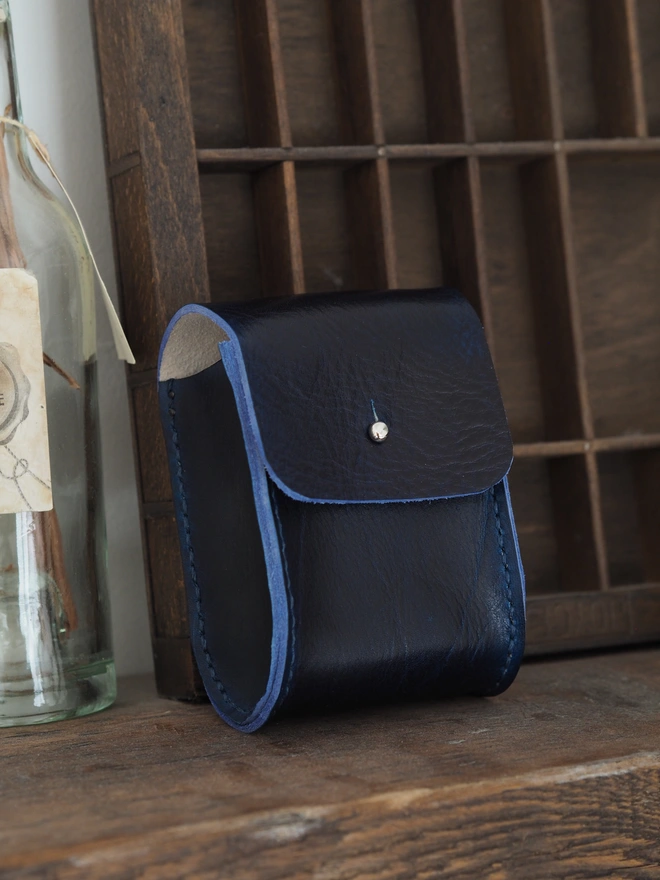 Handmade Leather Double Deck Playing Card Holder. Hand dyed dark blue leather pouch carrying two brand new packs of playing cards.