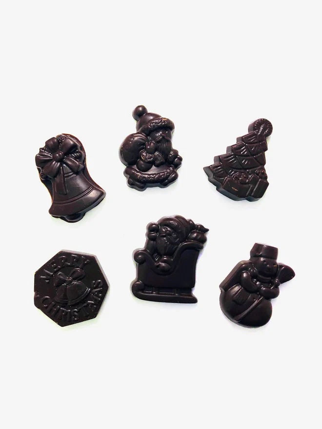 A selection of vegan dark chocolate Christmas shapes by Harry Specters