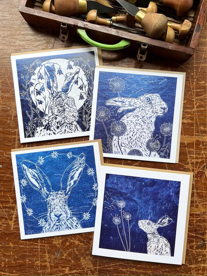 four hare and botanical art cards harebells, daisy, dandelion