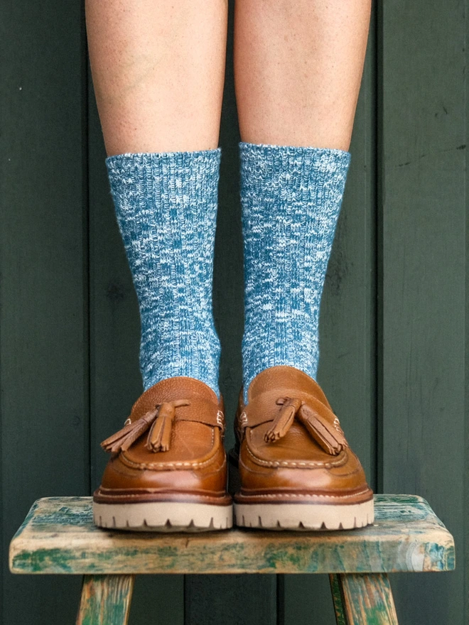 Blue chunky knit socks