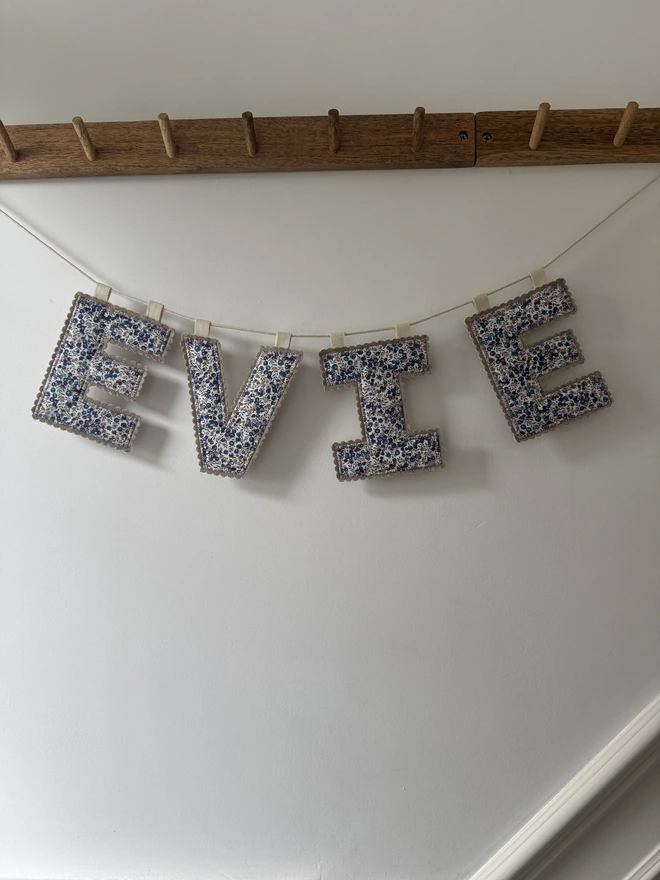 Fabric Letter Garland.  EVIE garland in blue and purple florals 