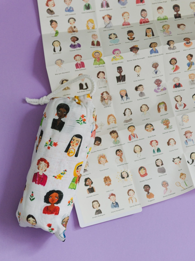 The swaddle blanket alongside fold-out guide. Each hand painted portrait is named in the guide