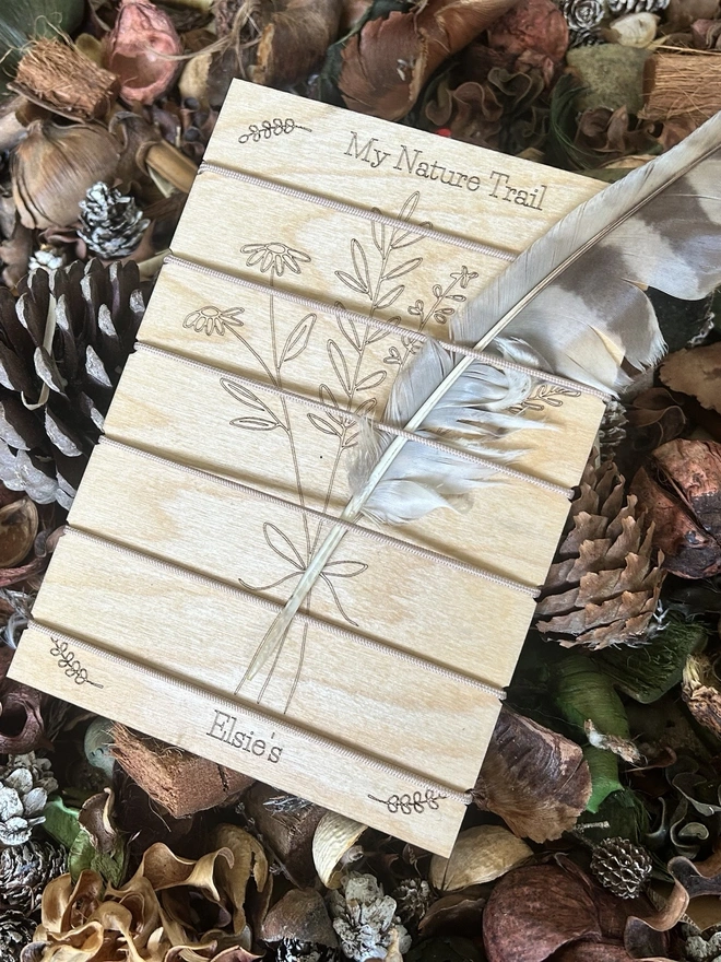 A Birch Wood Nature Trail Weaving Board showing a name personalised, on the forest floor