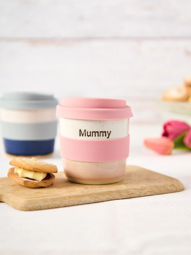 mummy personalised short ceramic pink travel mug