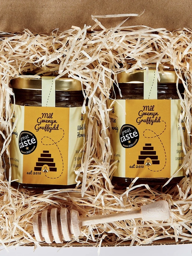 Welsh Honey Gift Set & Wooden Honey Dipper Twin Pack, 227g