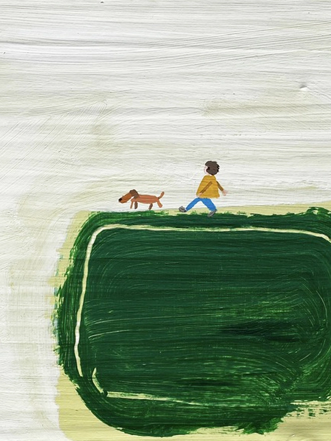 painting of abstract green field with figure and dog walking