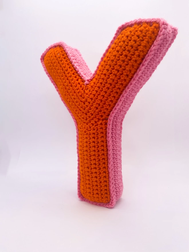 Crochet Y Cushion in Orange and Bubblegum Pink