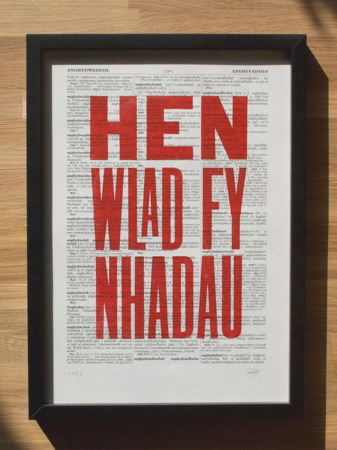 Welsh letterpress poster art on dictionary paper