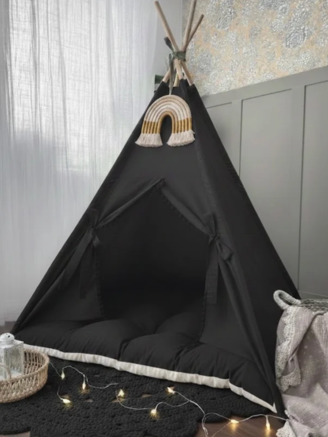 Personalised Black Kids’ Teepee. A black teepee in a child’s bedroom.