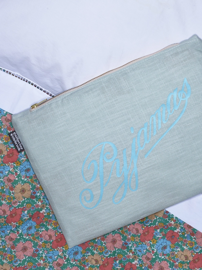 Mint linen with turquoise writing vintage pyjama case