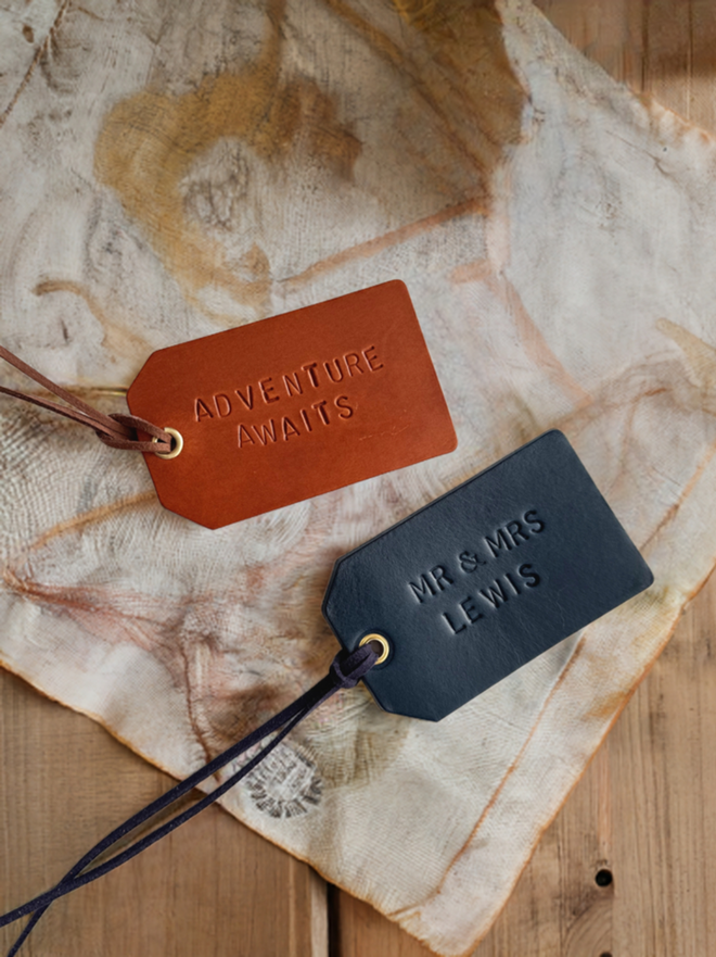 hand stamped leather luggage tag