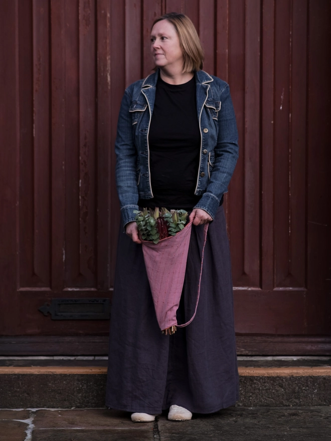 reusable linen flower bag for gift giving and for shopping