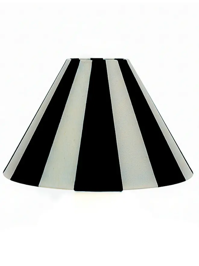 Hand Painted Upcycled Striped Large Drum Lampshade, a black striped lampshade sitting against a white background. 