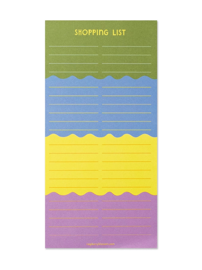 Raspberry Blossom shopping list pad has a colourful wave design sectioned in an olive green, blue, vibrant yellow and purple. The list pad has a hand lettered ‘Shopping List’ title in a pop of yellow at the top of each page