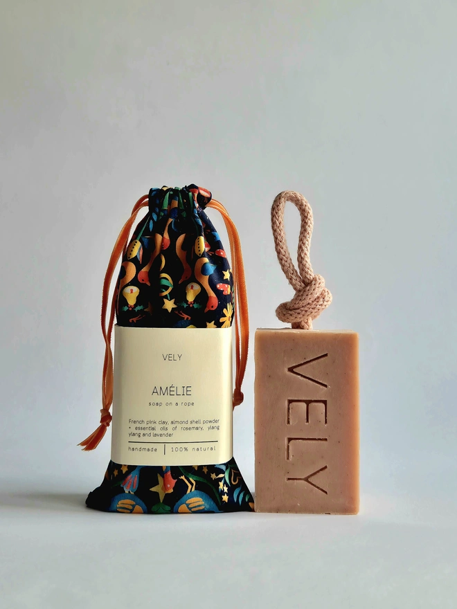 soap on a rope Amelie in Liberty print bag