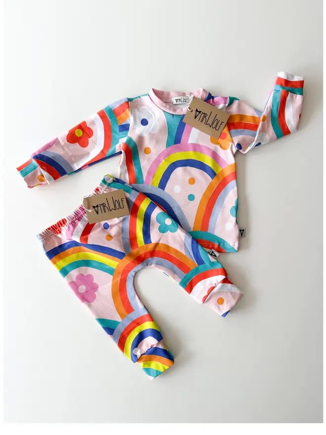 Giant rainbows print leggings, t-shirt, shorties for babies, toddlers, kids