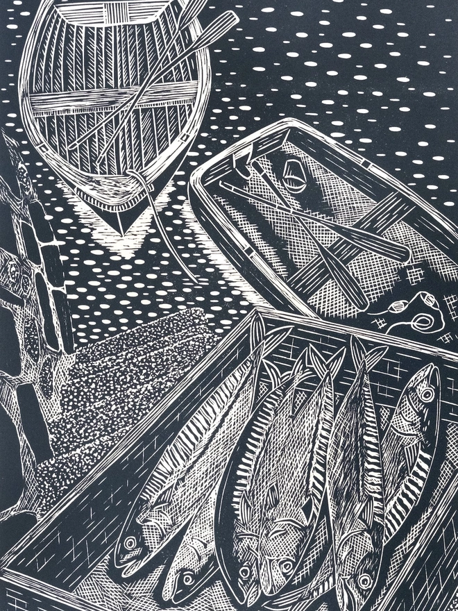 Picture of 2 Rowing Boats and some freshly caught Mackerel, taken from an original Lino Print 