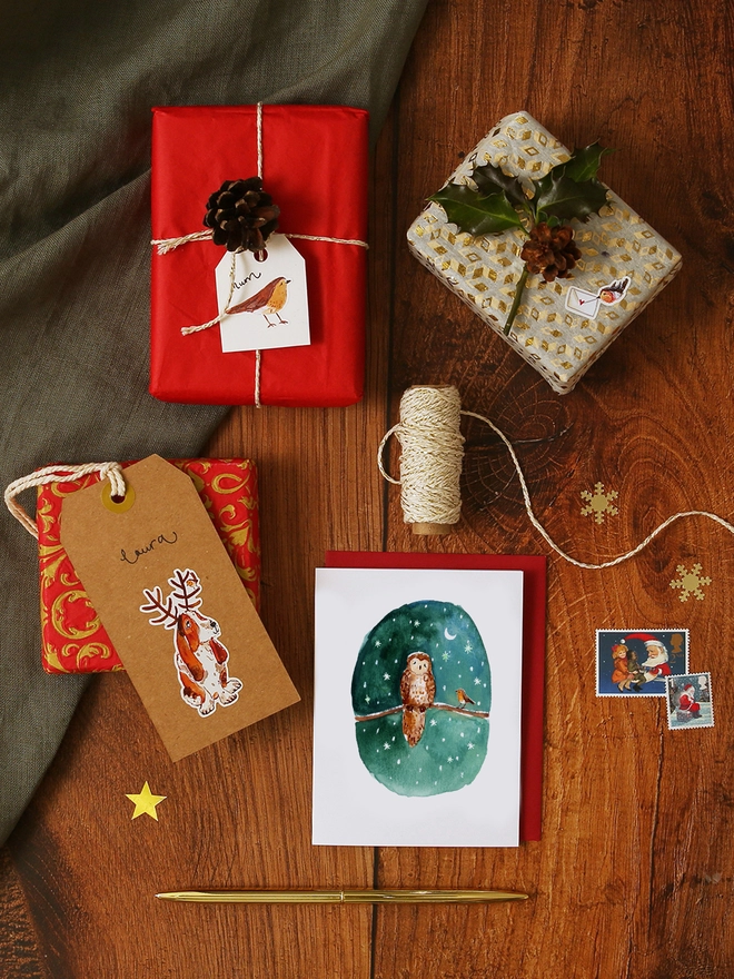 Owl and Robin Mini Christmas Card