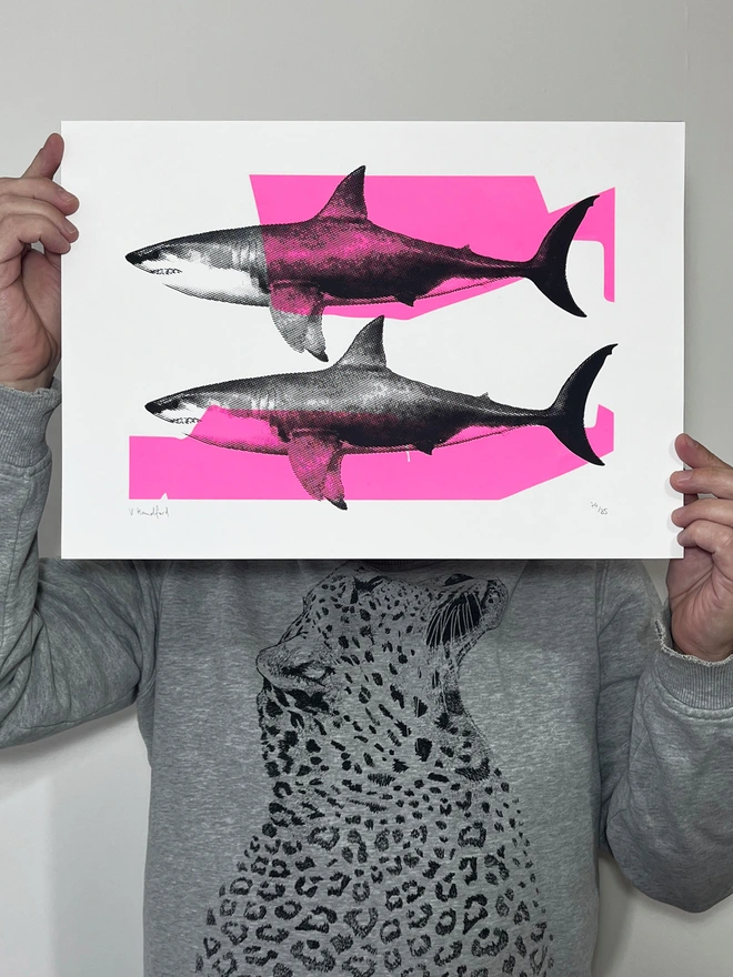 Shark Tank (Pink and Black) - Screen Printed Shark Poster - scale shot