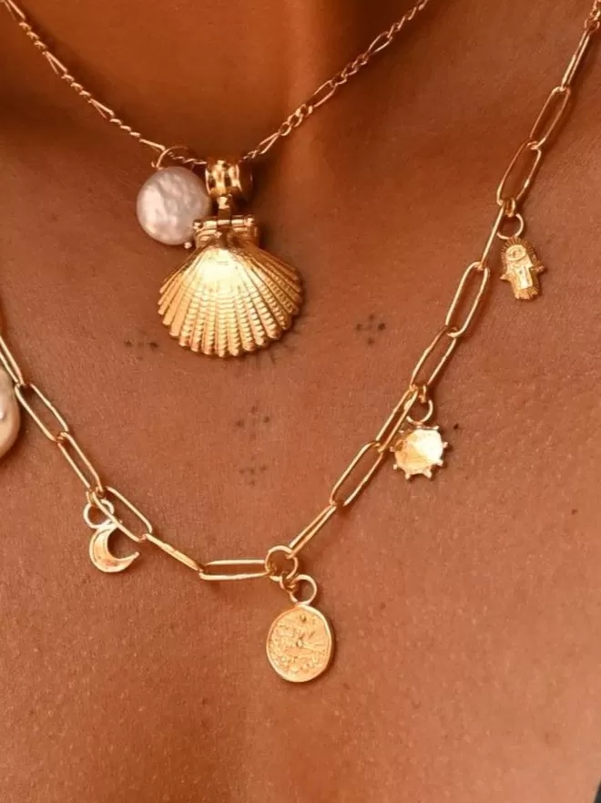 gold shell clam necklace with baroque pearl charm and charm gold vermeil necklace