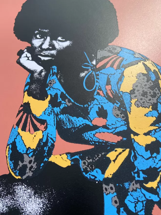 "Betty18" Hand Pulled Screen Print terracotta background with the singer betty wright printed on top as an illustration  she is staring forward at the viewer 