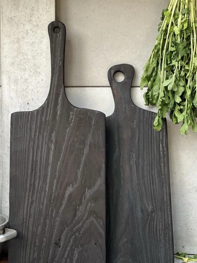  Long Handle Charred Black Serving Board And Round Handle Board