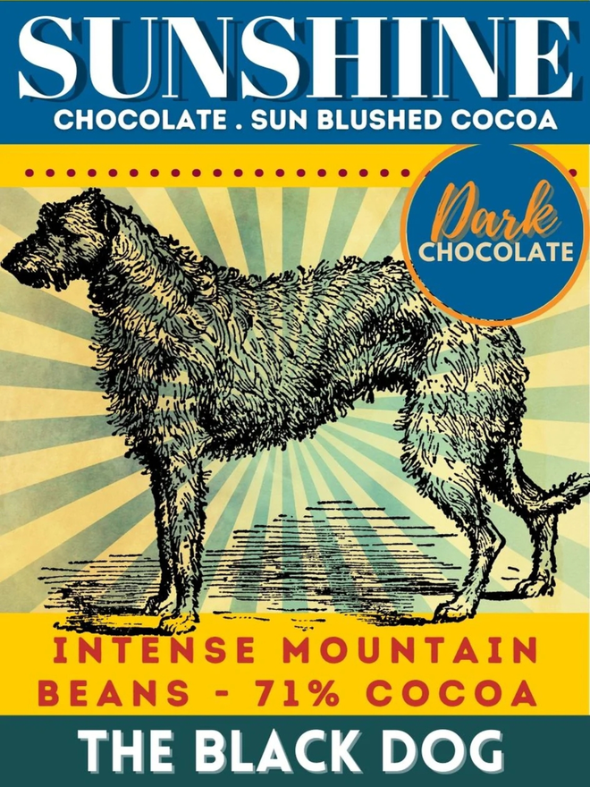 'the black dog' dark chocolate bar. packaging for a chocolate bar featuring an illustrated dog and vibrant yellow colours.
