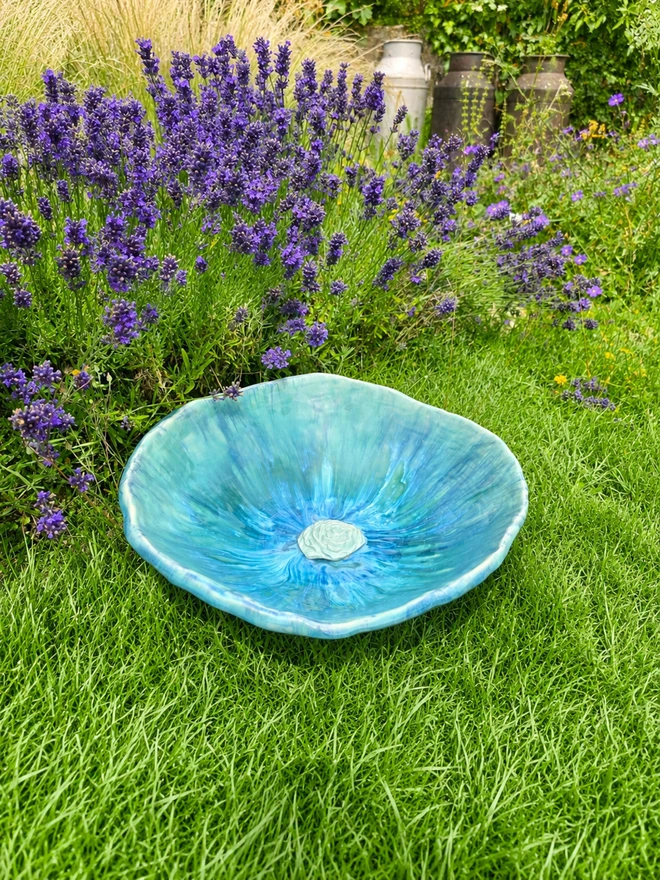 ceramic bird bath in blue glaze, jenny hopps pottery