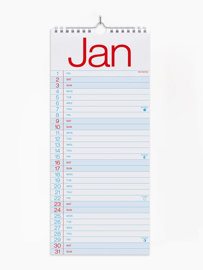 Wiro bound 2027 wall hanging calendar with blue and red graphics, in a simple graphic clear style, showing the month January