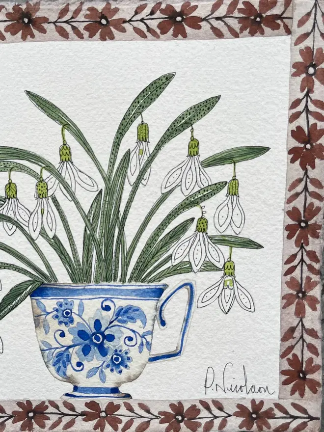'Snowdrops In Delft Ceramic Mug' Watercolour Painting