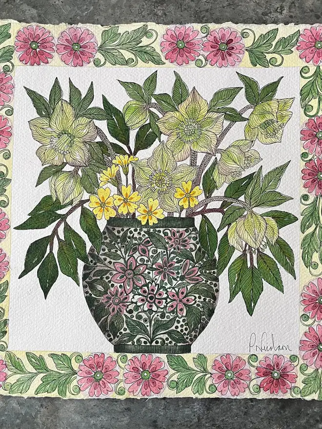 'Hellebore Flowers & Primroses' Watercolour Painting