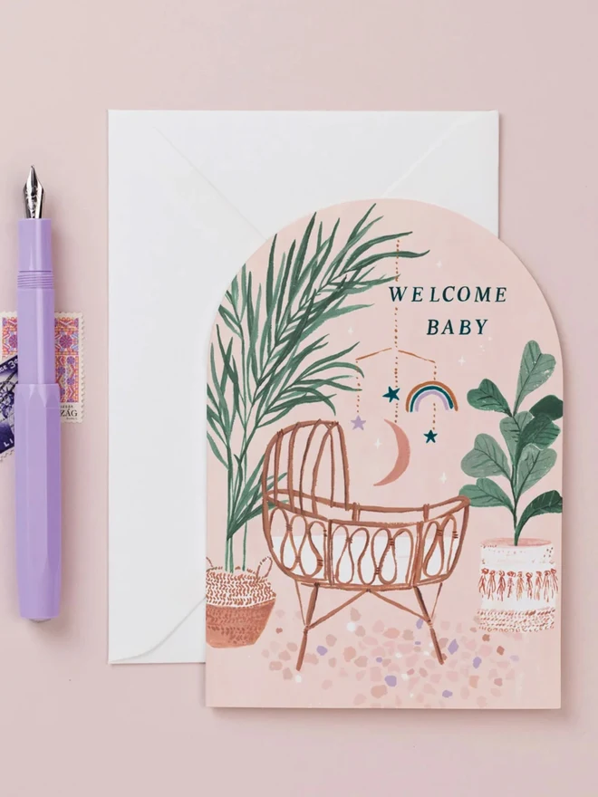 Welcome Baby Card with a white envelope, gender neutral new baby card with an illustrated bamboo crib